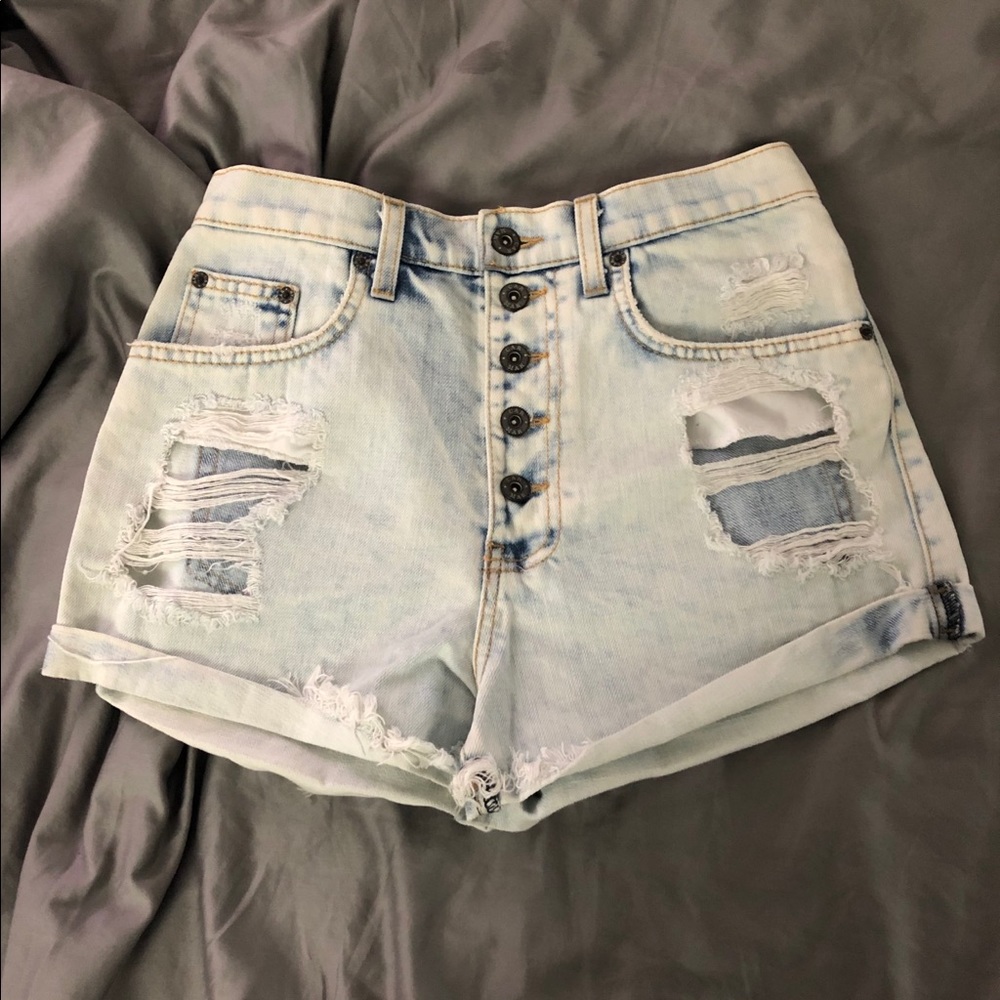 distressed denim shorts.